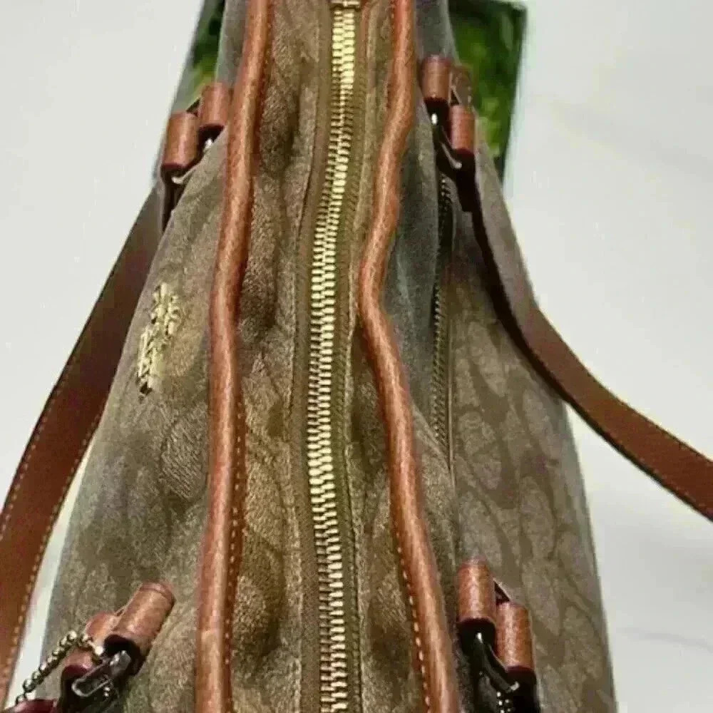 Coach F34603 Signature Zip Top Tote Shoulder Bag Khaki Saddle Jacquard - Picture 5 of 16
